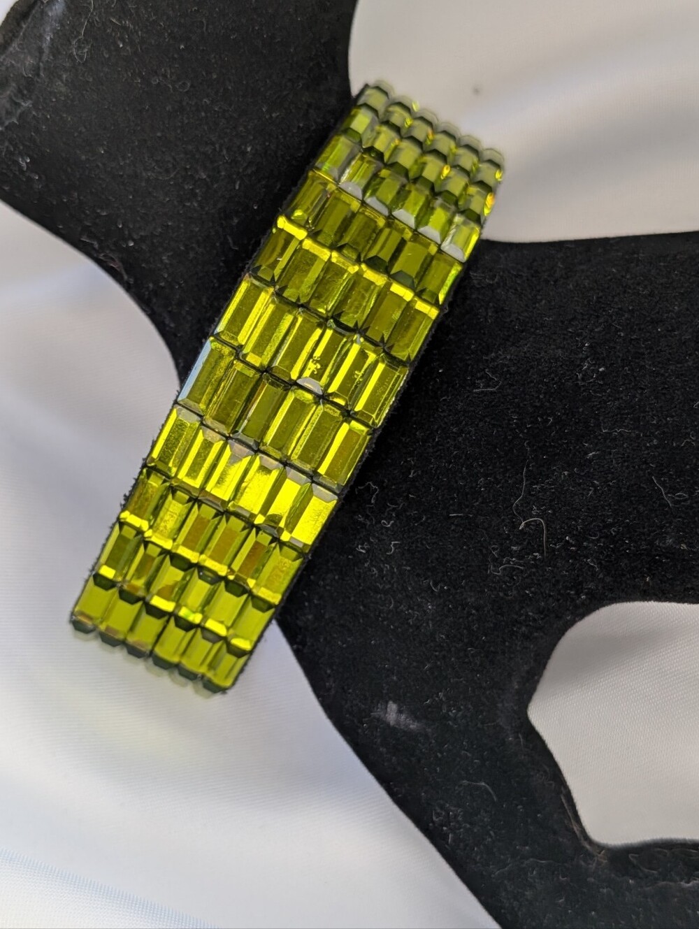 Chunky Lime Green Yellow Crystal Suede Cuff Bracelet Magnetic Clasp 7.5"